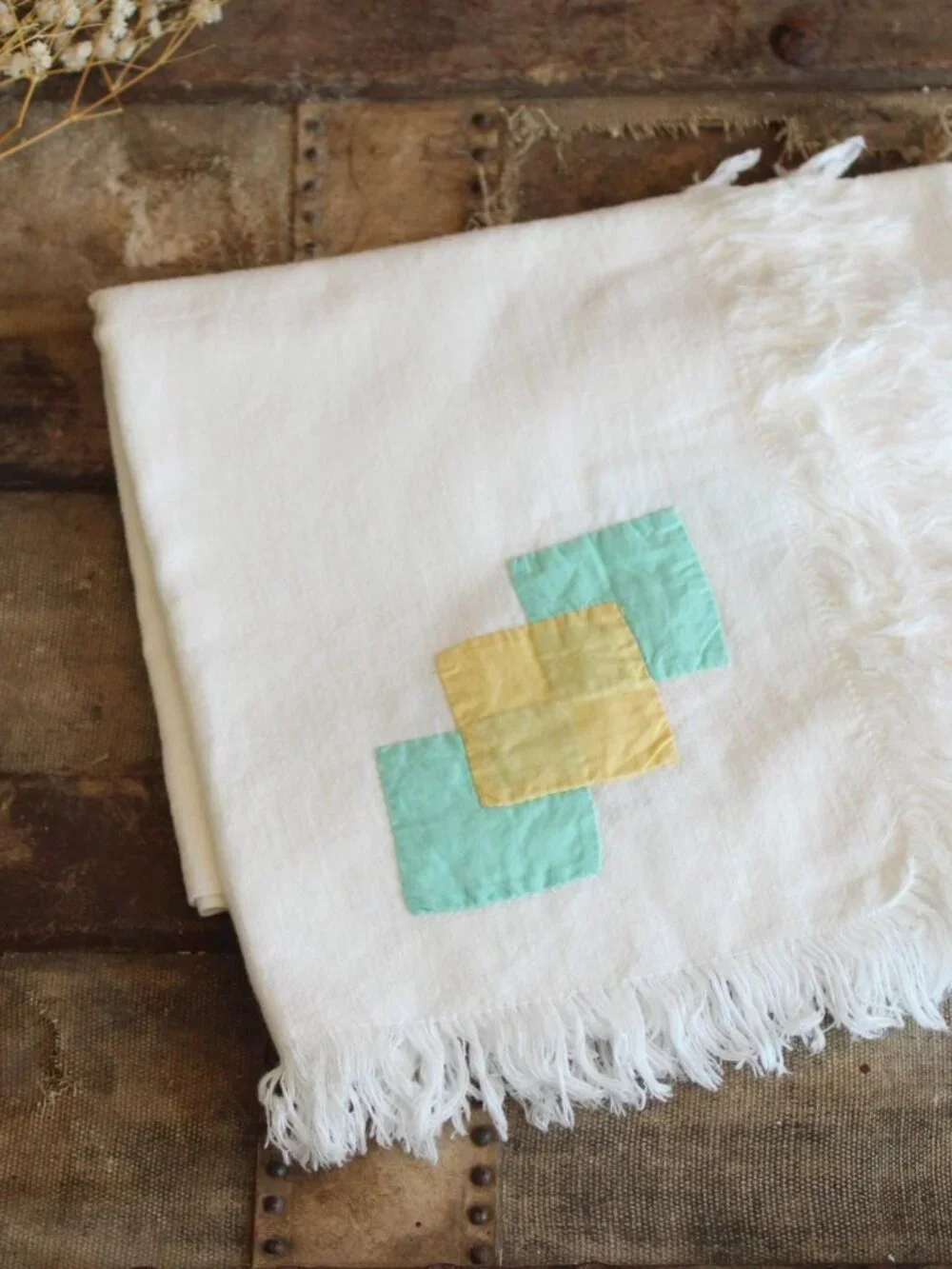 Vintage 1960s Tablecloth, 36 Inch Feedsack With Fringe and Cutwork, Cottage Core